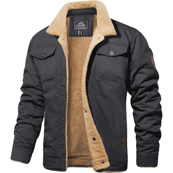Mens Dark Grey AI Winter Sherpa Lined Jacket Warm Trucker Coat Multi Pocket - Picture 1 of 7